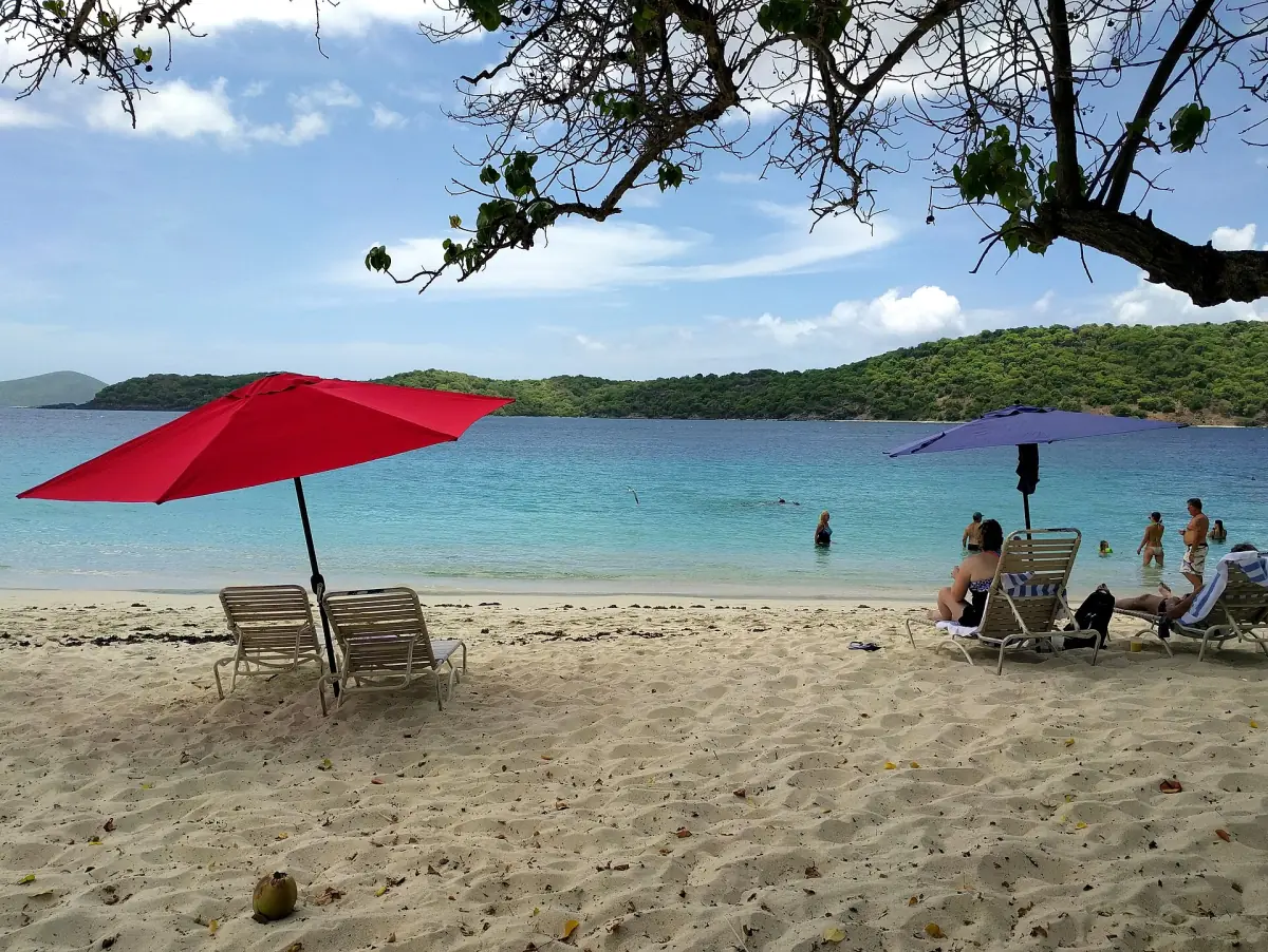 Beach chairs and umbrellas at Coki Beach